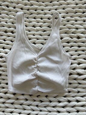 Garage White Ribbed V-Neck Cropped Tank with Front Ruching